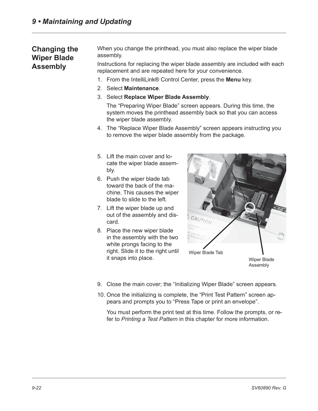 Pitney Bowes DM550, DM500 manual Changing Wiper Blade Assembly, Select Maintenance Select Replace Wiper Blade Assembly 