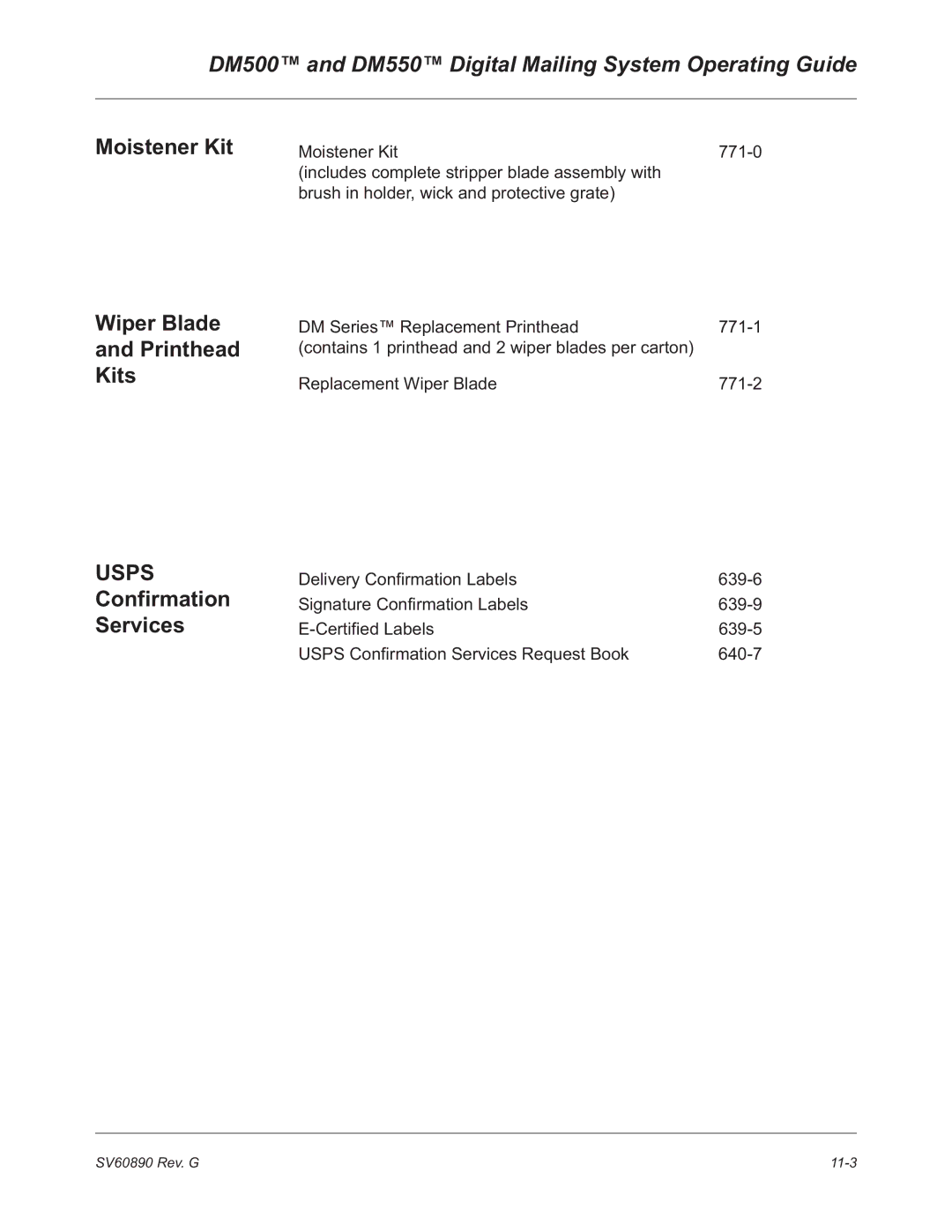 Pitney Bowes DM500, DM550 manual Moistener Kit Wiper Blade Printhead Kits, Confirmation Services 