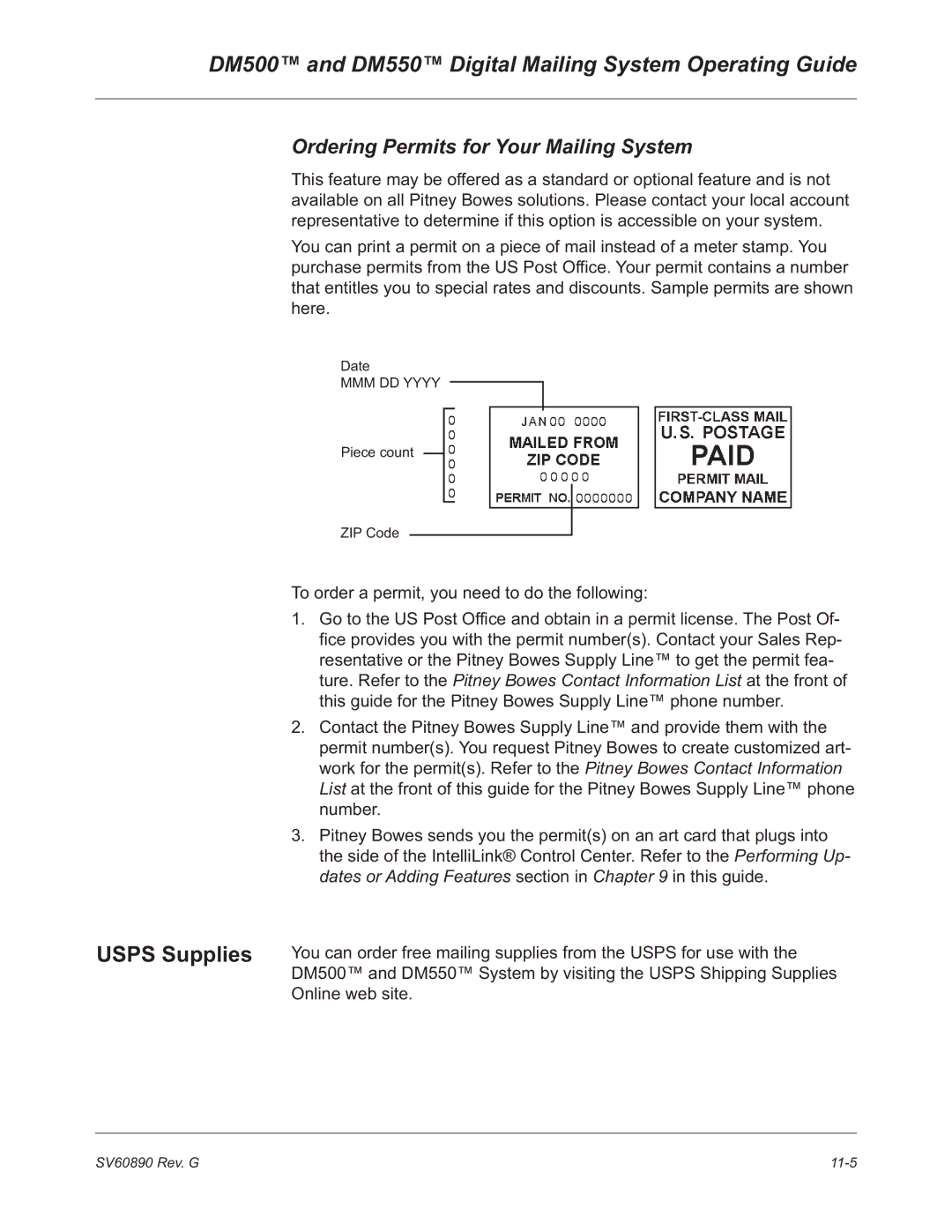 Pitney Bowes DM500, DM550 manual Usps Supplies, Ordering Permits for Your Mailing System 