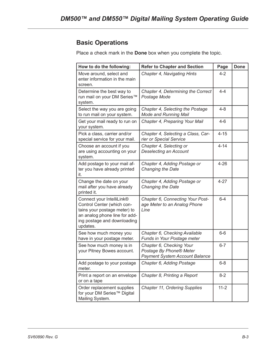 Pitney Bowes DM500, DM550 manual Basic Operations, How to do the following Refer to Chapter and Section Done 