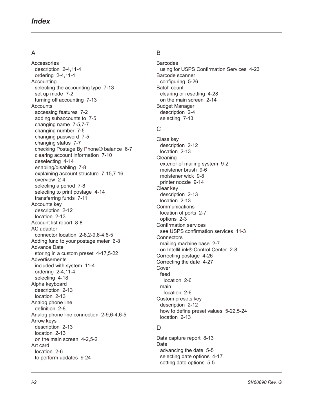 Pitney Bowes DM550, DM500 manual Index 