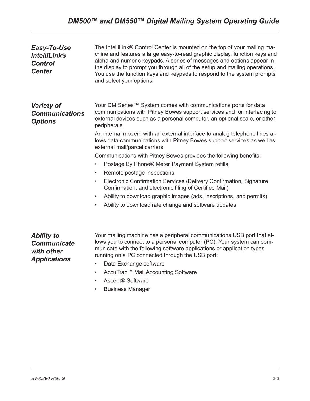 Pitney Bowes DM500 and DM550 Digital Mailing System Operating Guide, Ability to Communicate with other Applications 