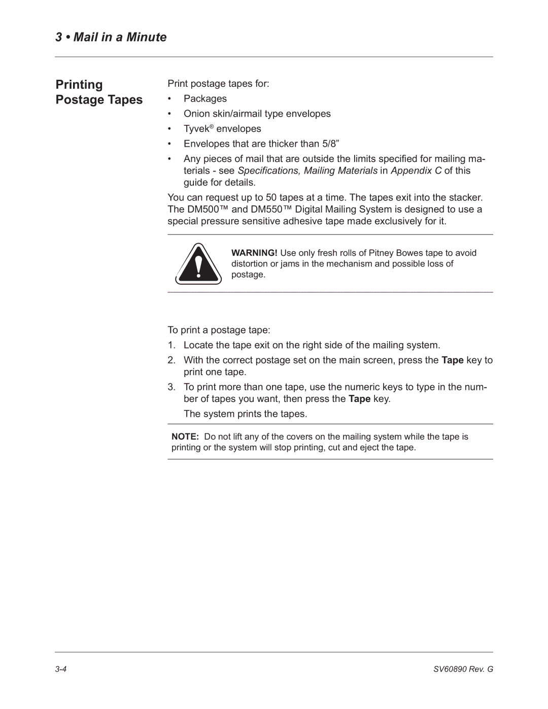 Pitney Bowes DM550, DM500 manual Printing Postage Tapes 