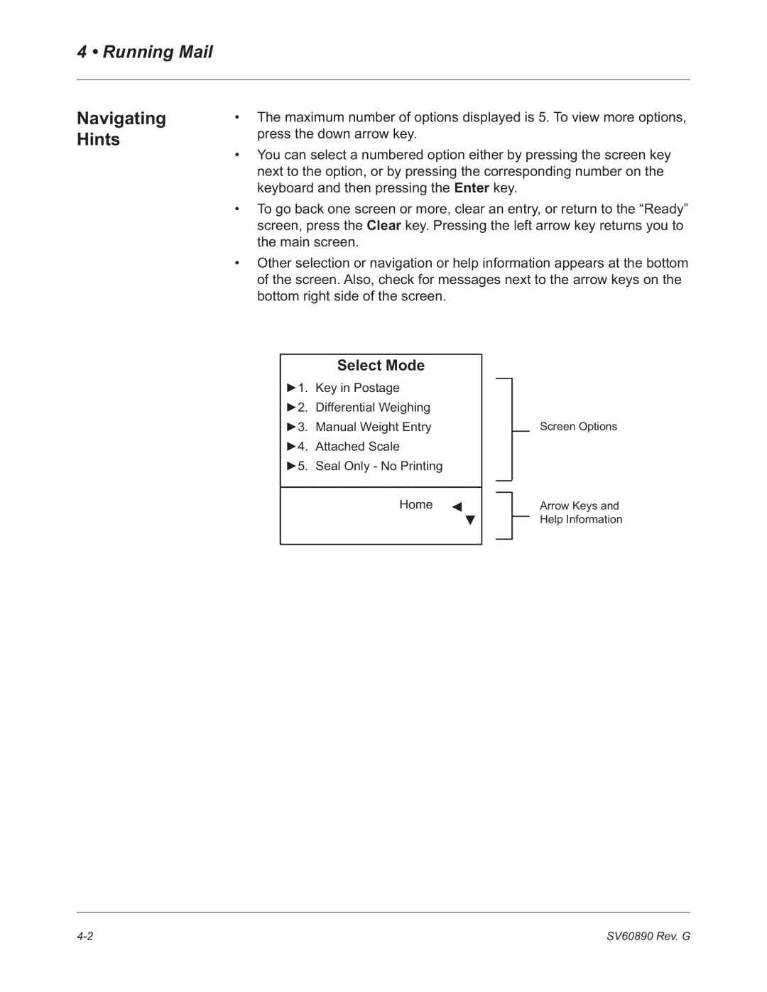 Pitney Bowes DM550, DM500 manual Running Mail, Navigating, Hints, Select Mode 