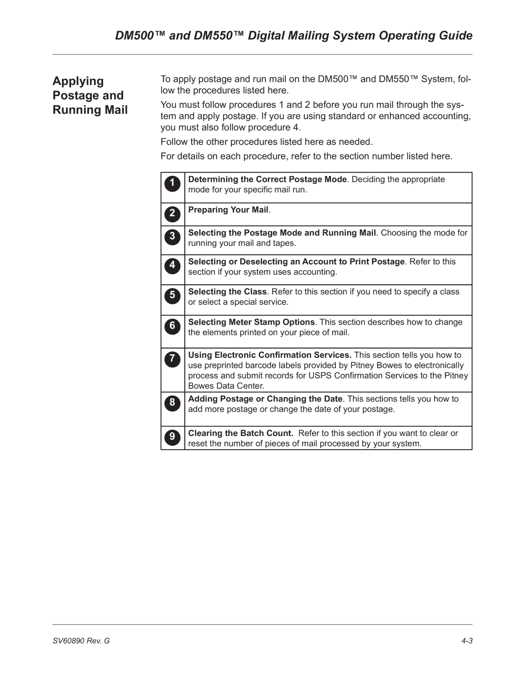 Pitney Bowes manual DM500 and DM550 Digital Mailing System Operating Guide, Applying Postage Running Mail 