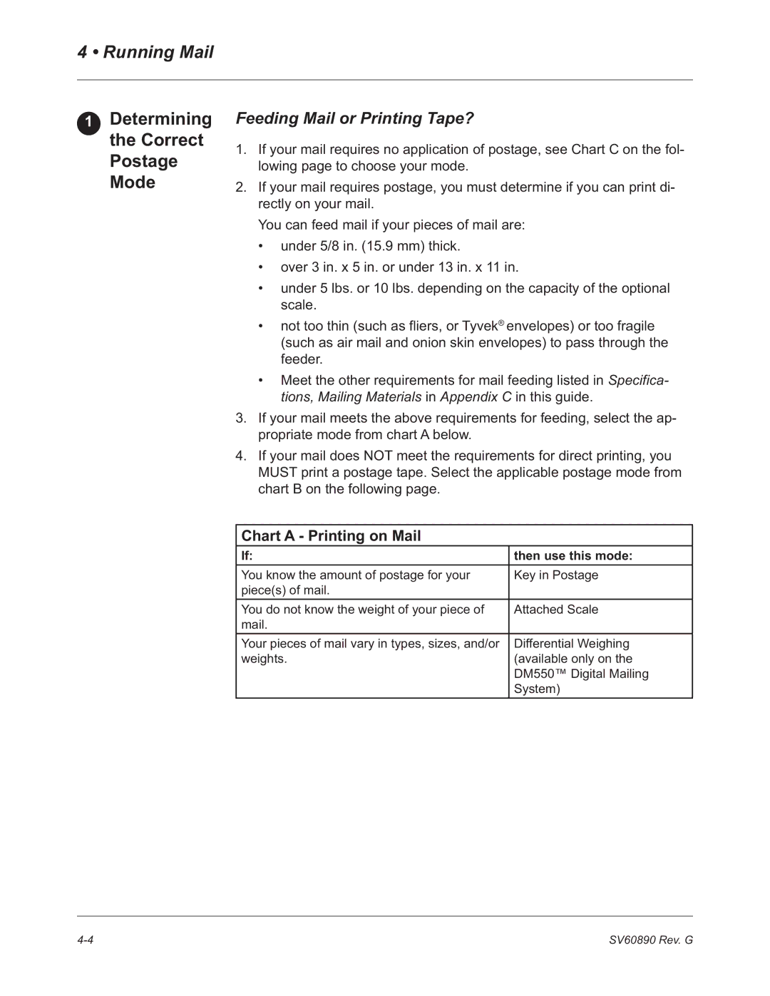 Pitney Bowes DM550, DM500 Determining the Correct Postage Mode, Feeding Mail or Printing Tape?, Chart a Printing on Mail 