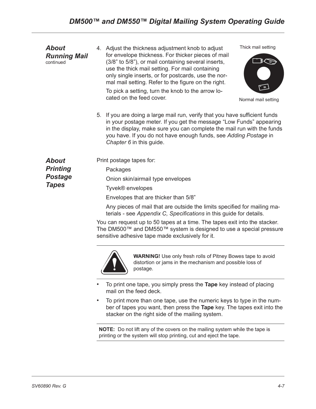 Pitney Bowes DM500, DM550 manual About Printing Postage Tapes 