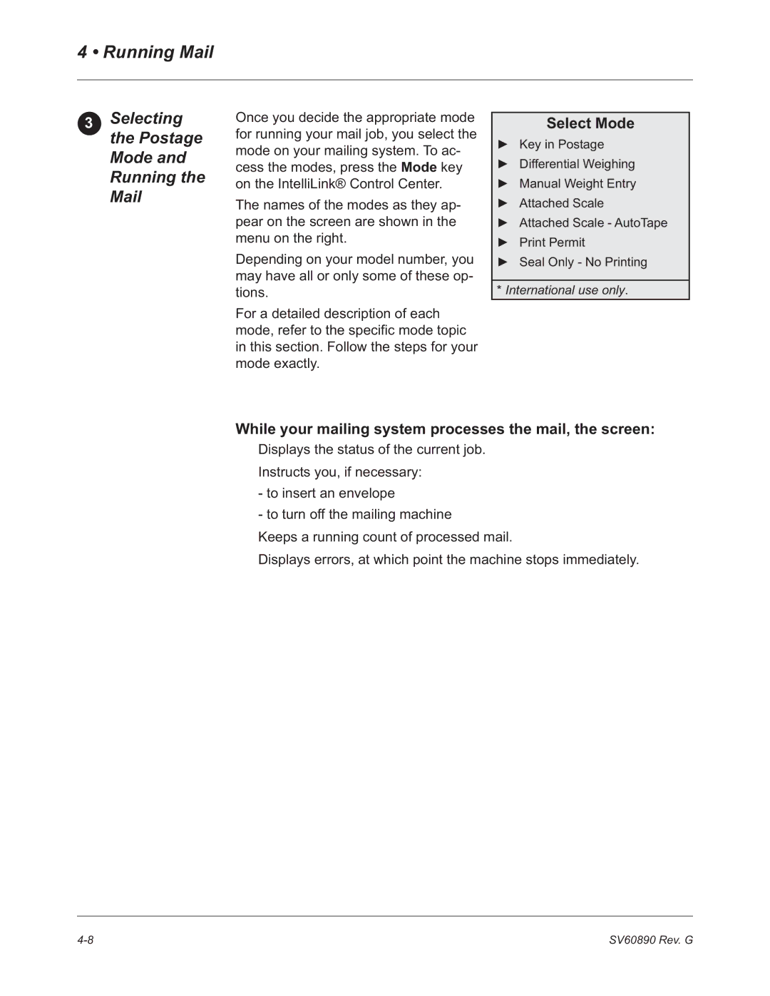 Pitney Bowes DM550, DM500 manual Selecting the Postage Mode and Running the Mail 