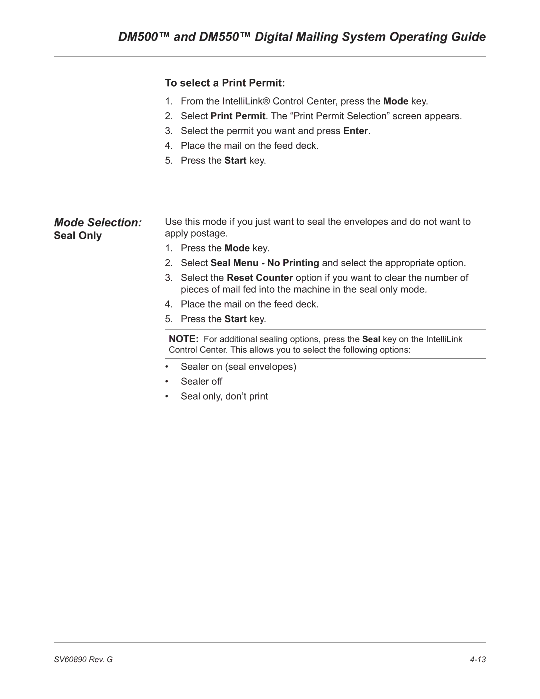 Pitney Bowes DM500, DM550 manual Seal Only To select a Print Permit 