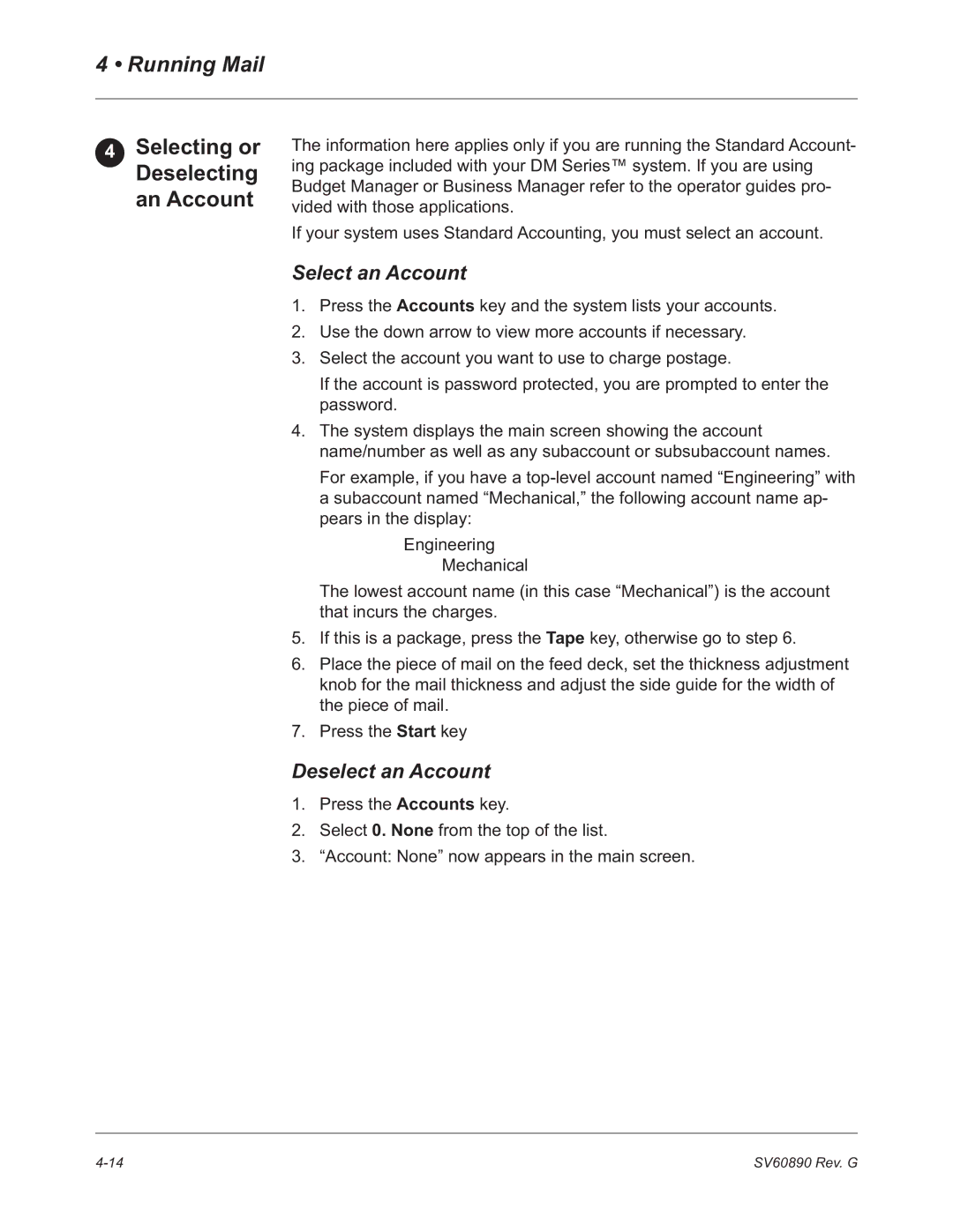 Pitney Bowes DM550, DM500 manual Selecting or Deselecting an Account, Select an Account, Deselect an Account 