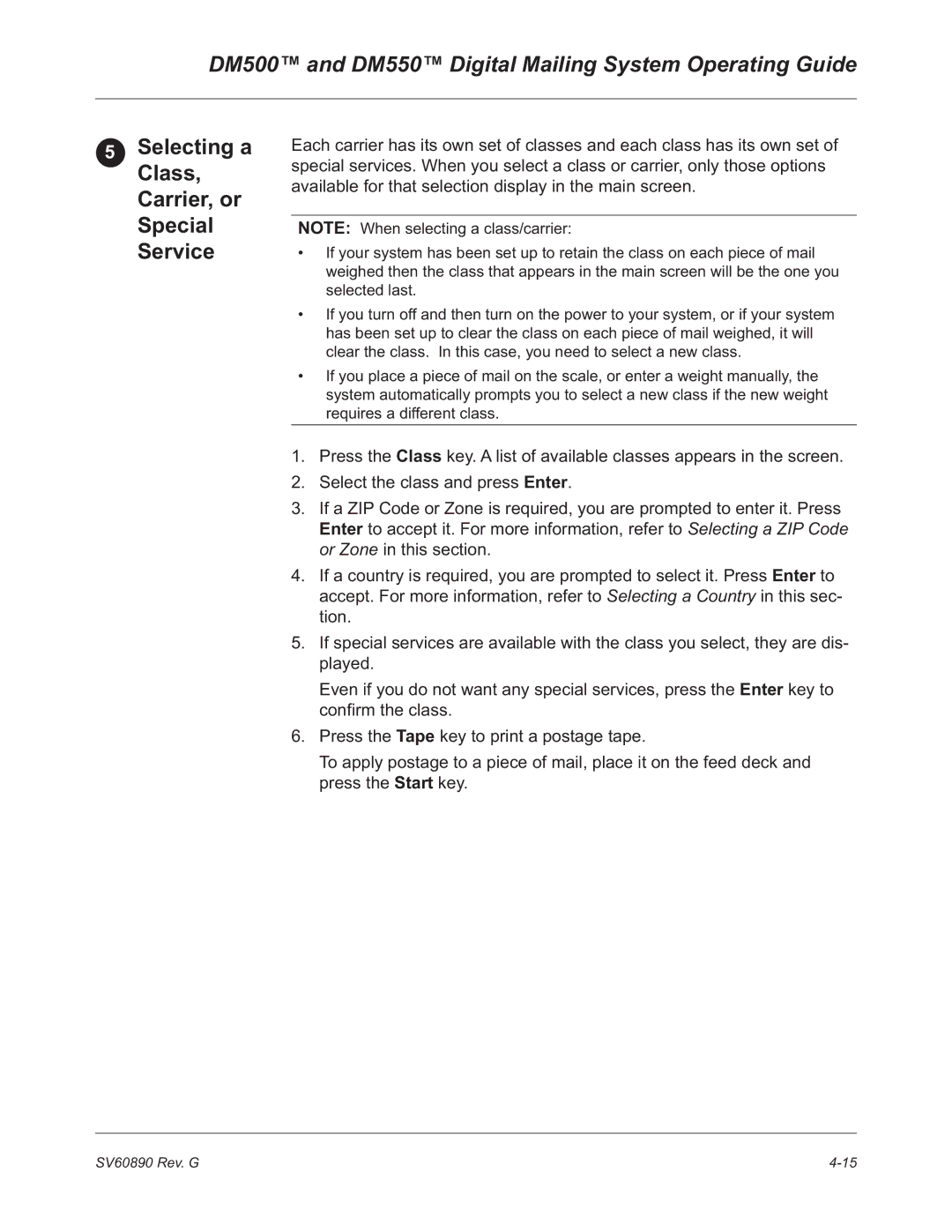 Pitney Bowes DM500, DM550 manual Selecting a Class, Carrier, or Special Service 