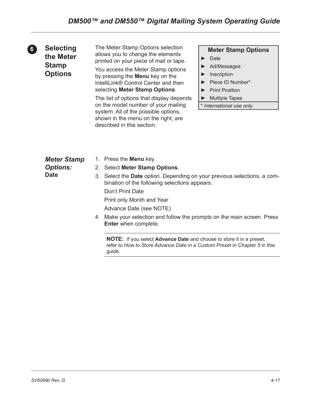 Pitney Bowes DM500, DM550 manual Selecting the Meter Stamp Options, Date, Select Meter Stamp Options 