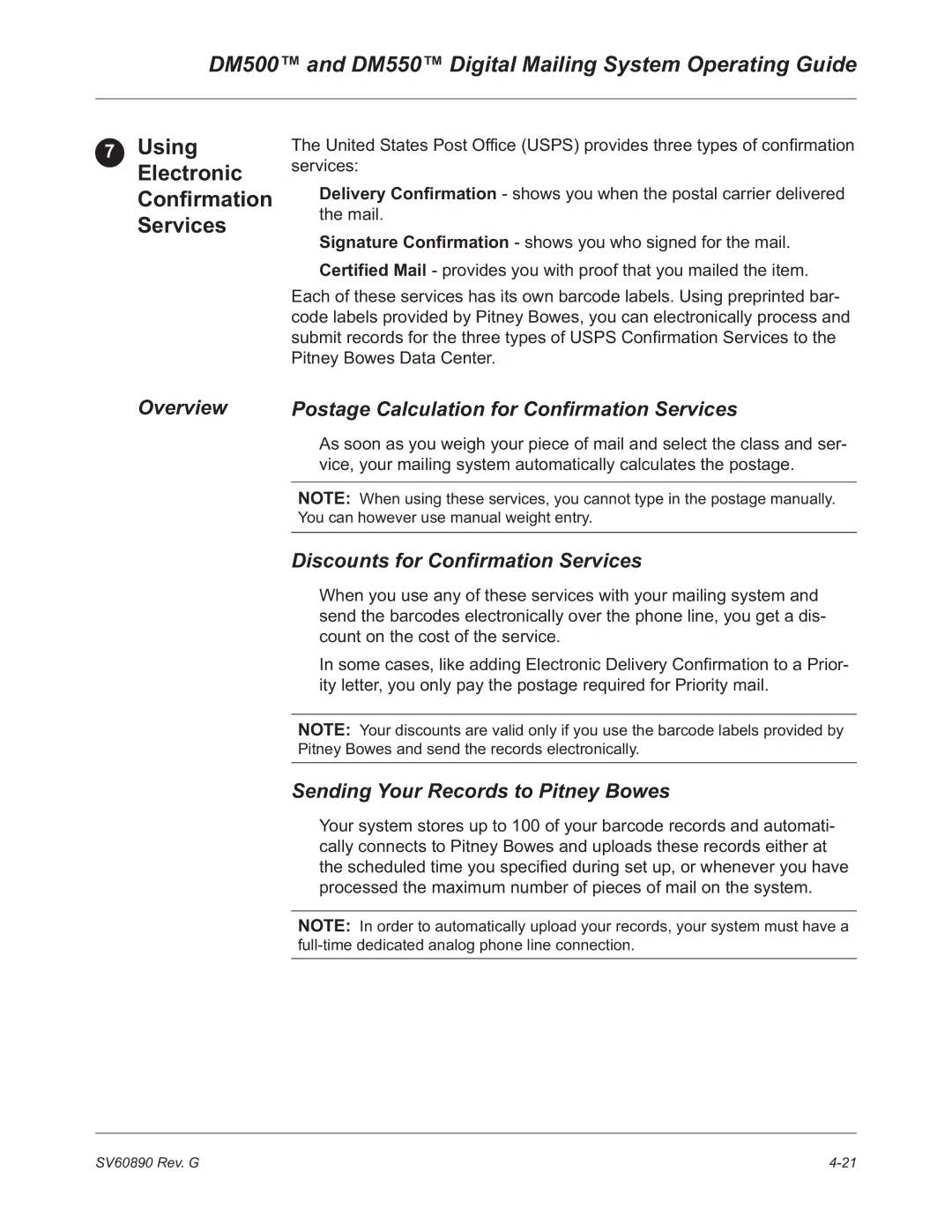 Pitney Bowes DM500, DM550 Using Electronic Confirmation Services, Overview Postage Calculation for Confirmation Services 