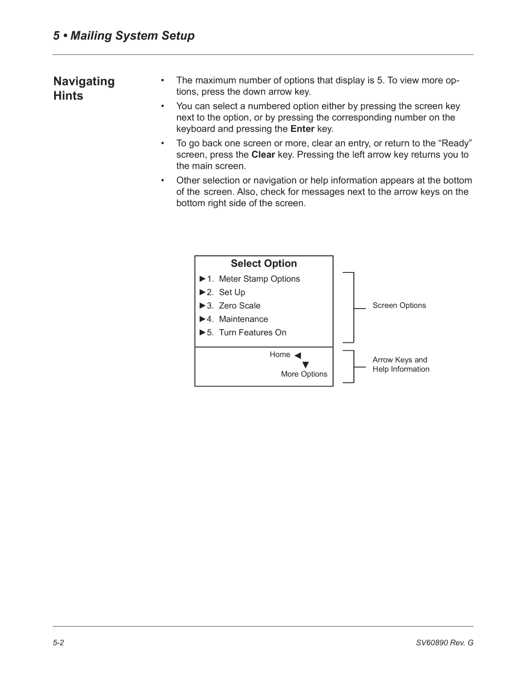 Pitney Bowes DM550, DM500 manual Mailing System Setup, Navigating Hints, Select Option 