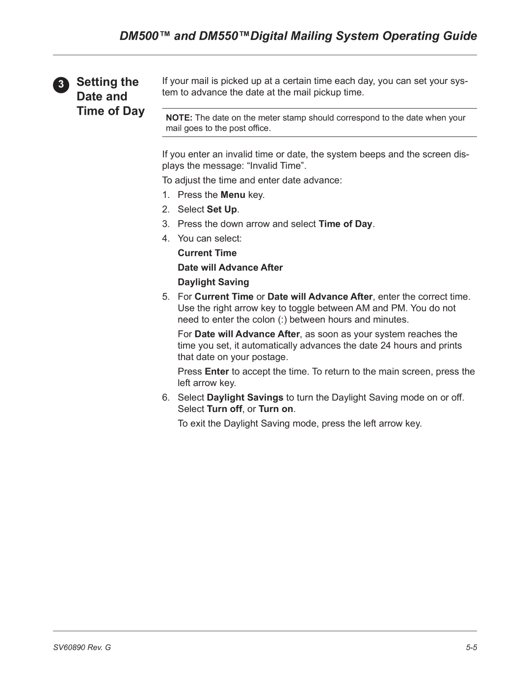 Pitney Bowes DM500, DM550 manual Setting the Date and Time of Day 