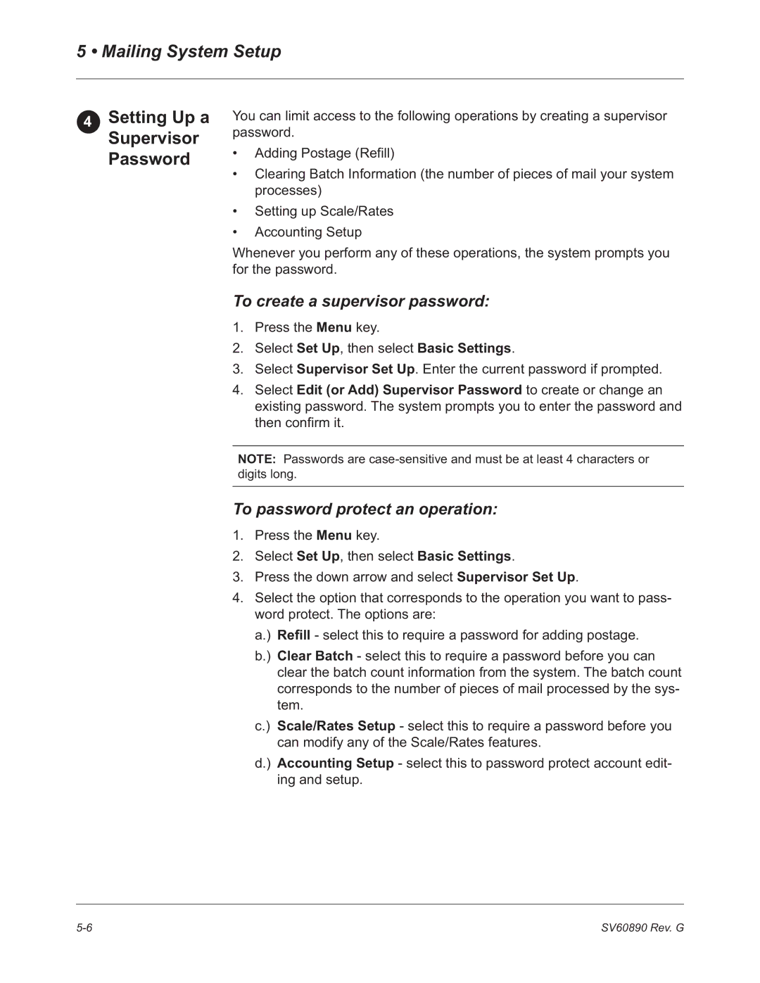 Pitney Bowes DM550 Setting Up a Supervisor Password, To create a supervisor password, To password protect an operation 