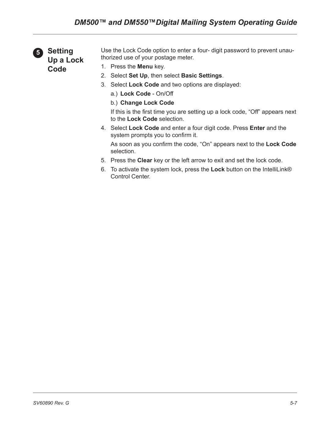 Pitney Bowes DM500, DM550 manual Setting Up a Lock Code, Change Lock Code 