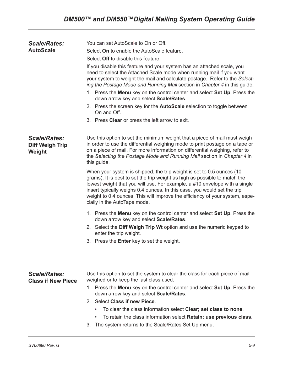 Pitney Bowes DM500, DM550 manual AutoScale, Diff Weigh Trip Weight, Class if New Piece, Select Class if new Piece 