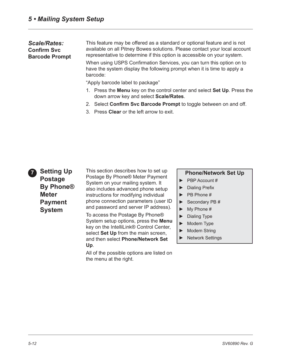 Pitney Bowes DM550 Setting Up Postage By Phone Meter Payment System, Confirm Svc Barcode Prompt, Phone/Network Set Up 