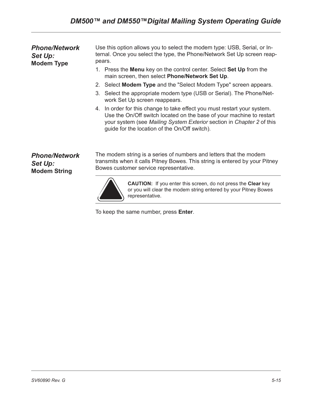 Pitney Bowes DM500, DM550 manual Modem Type, Modem String 