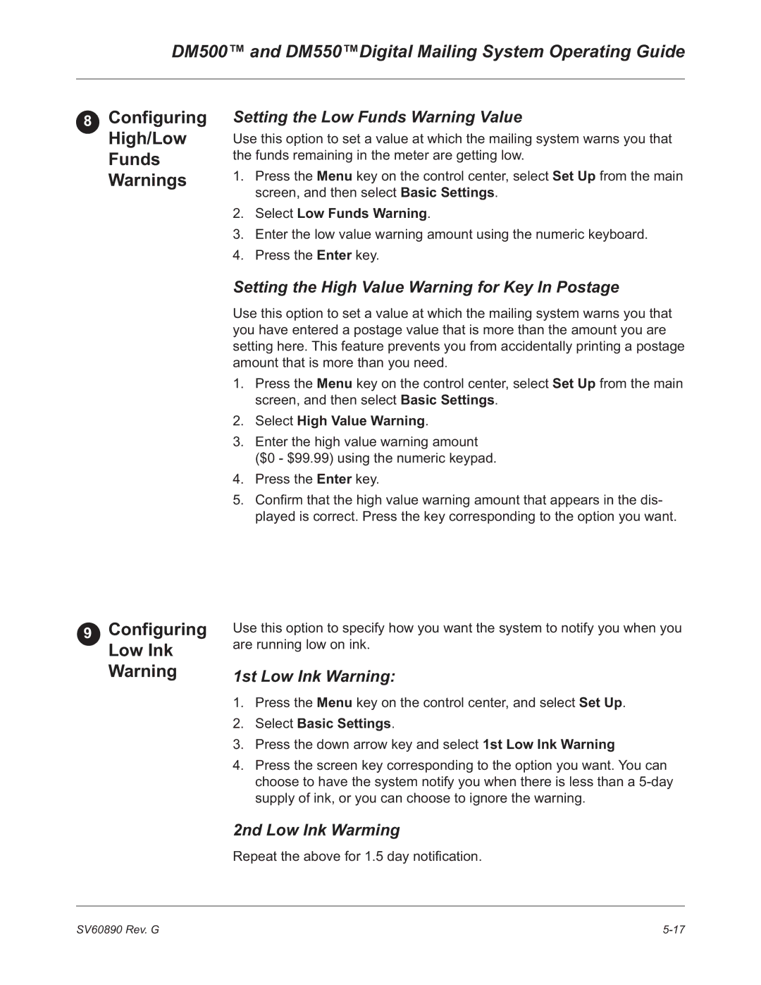 Pitney Bowes DM500, DM550 manual Configuring High/Low Funds Warnings, Configuring Low Ink Warning 