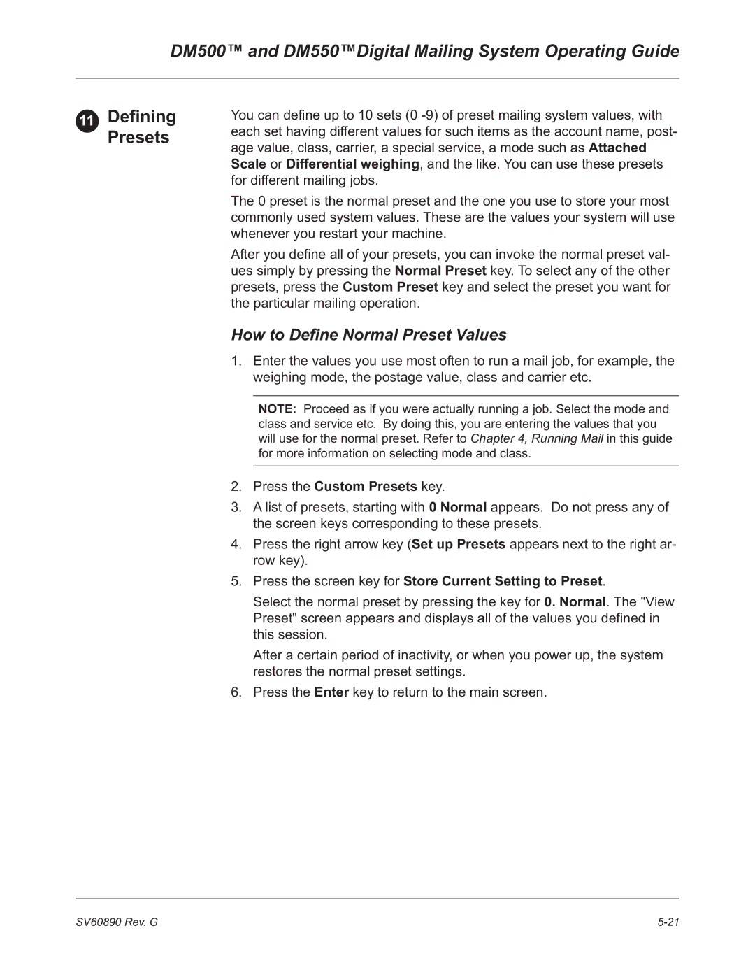 Pitney Bowes DM500, DM550 manual Defining Presets, How to Define Normal Preset Values, Press the Custom Presets key 