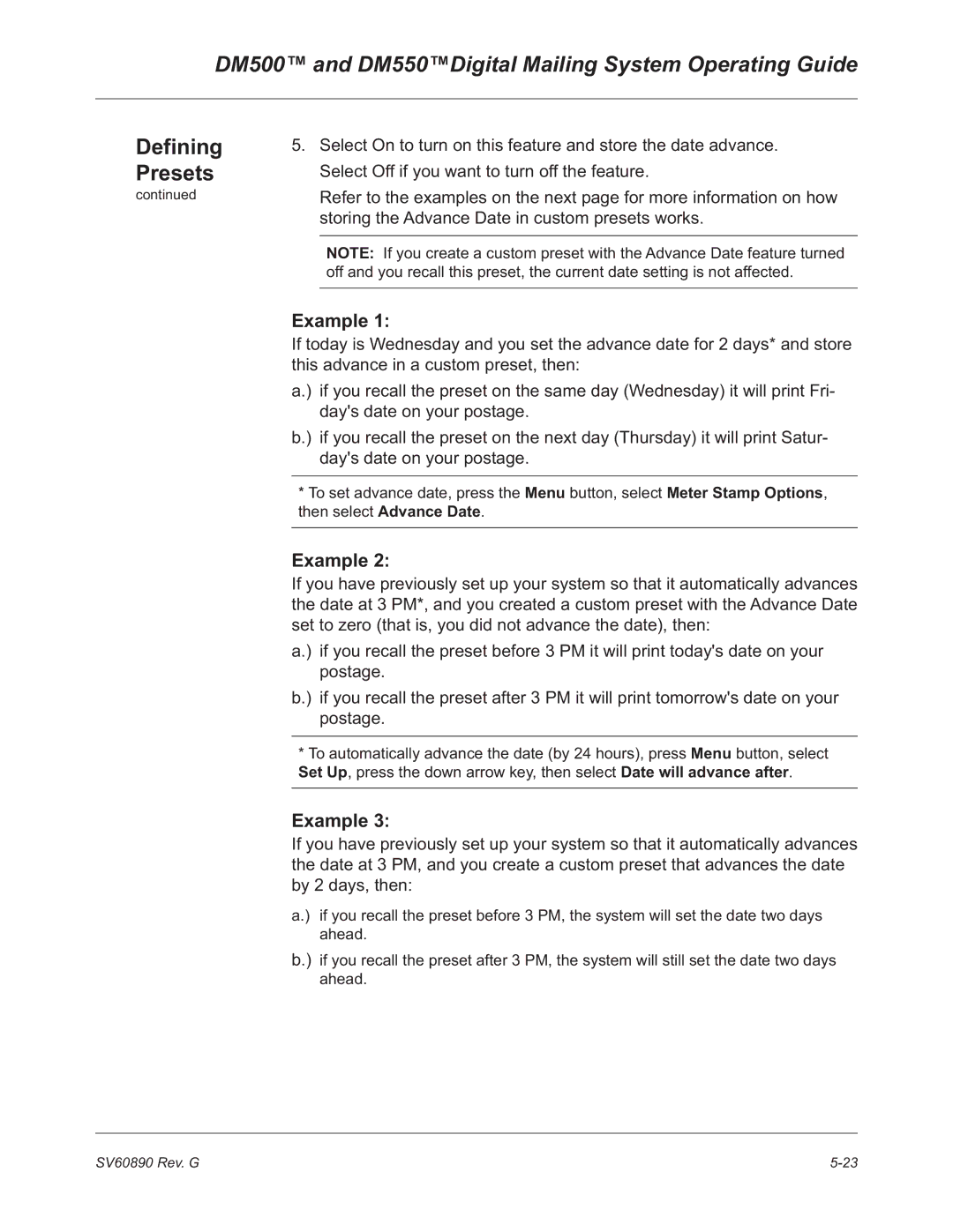 Pitney Bowes DM500, DM550 manual Defining, Presets, Example 