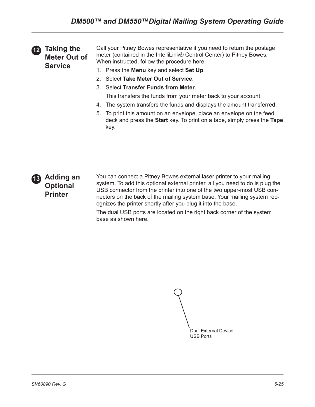 Pitney Bowes DM500, DM550 manual Taking the Meter Out of Service Adding an Optional Printer 