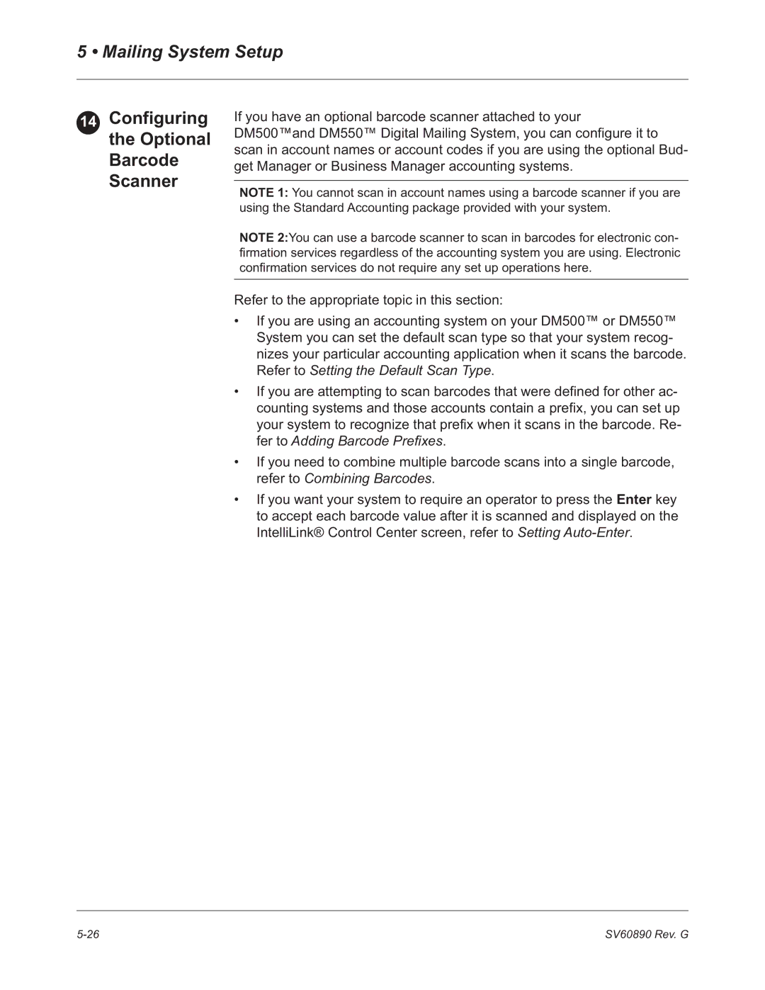 Pitney Bowes DM550, DM500 manual Configuring the Optional Barcode Scanner 