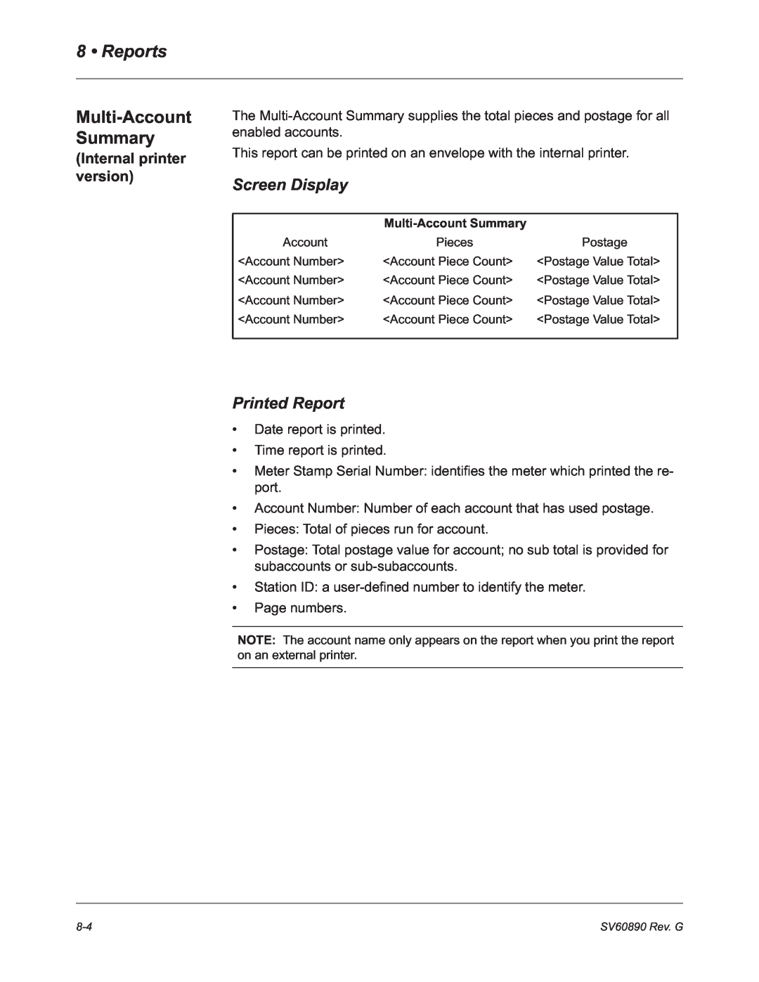 Pitney Bowes DM550, DM500 manual Multi-Account Summary, Screen Display, Printed Report, Internal printer version, Reports 