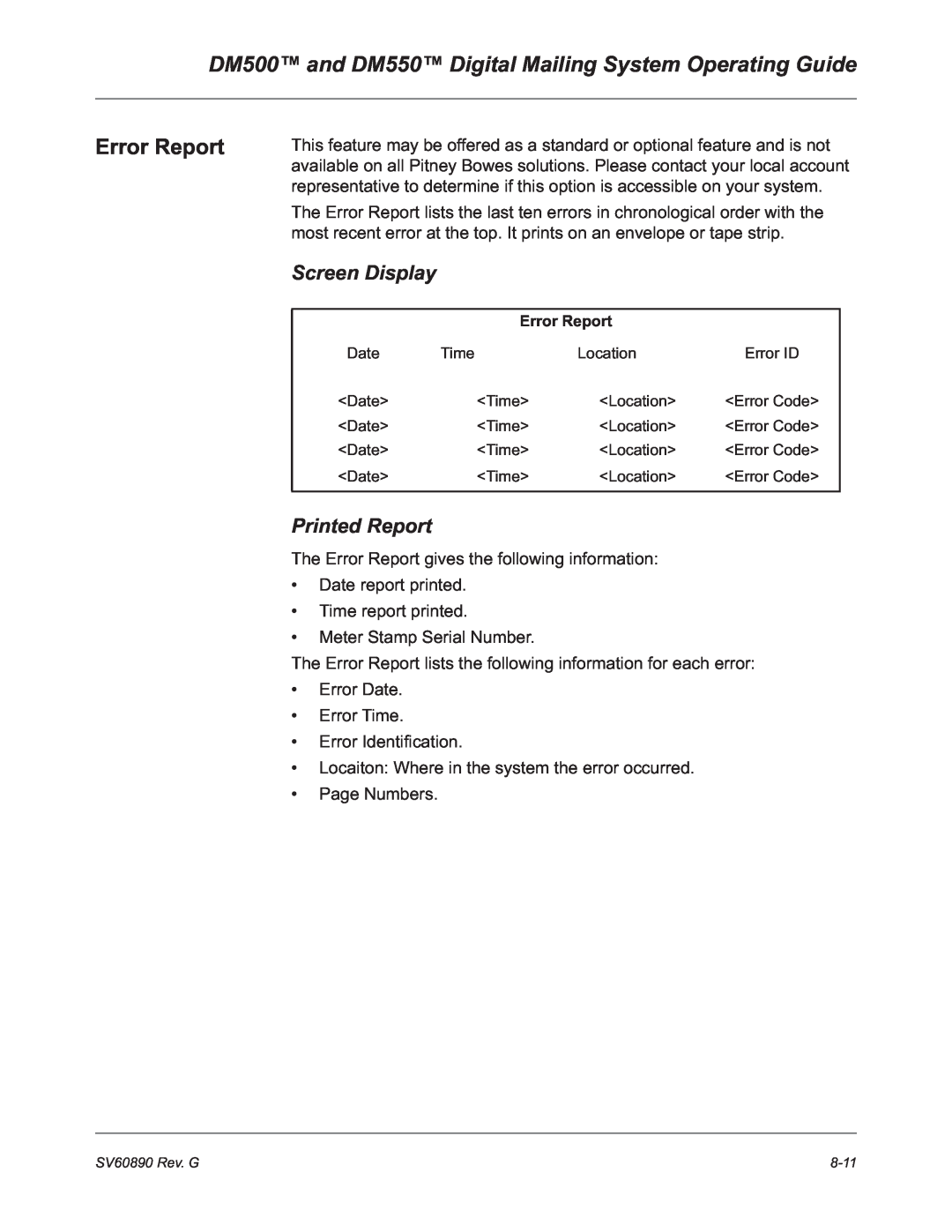 Pitney Bowes manual Error Report, DM500 and DM550 Digital Mailing System Operating Guide, Screen Display, Printed Report 