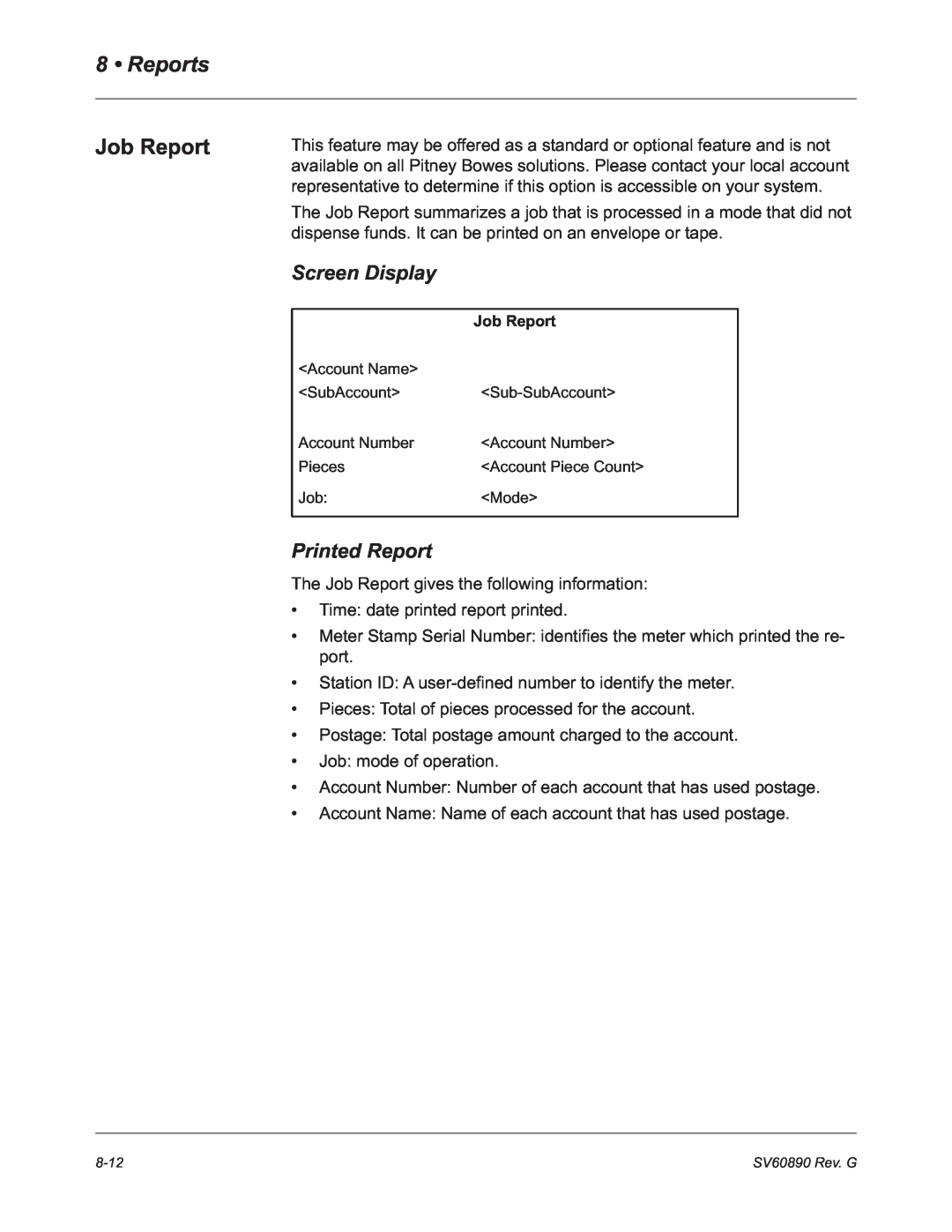 Pitney Bowes DM550, DM500 manual Job Report, Reports, Screen Display, Printed Report 
