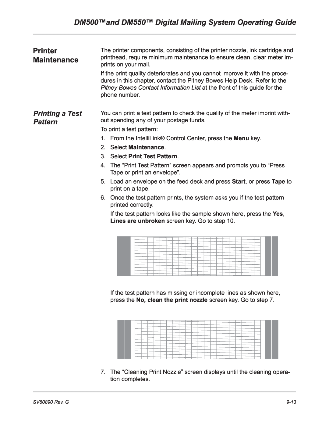 Pitney Bowes DM500, DM550 Printer Maintenance, Printing a Test Pattern, Select Maintenance 3. Select Print Test Pattern 