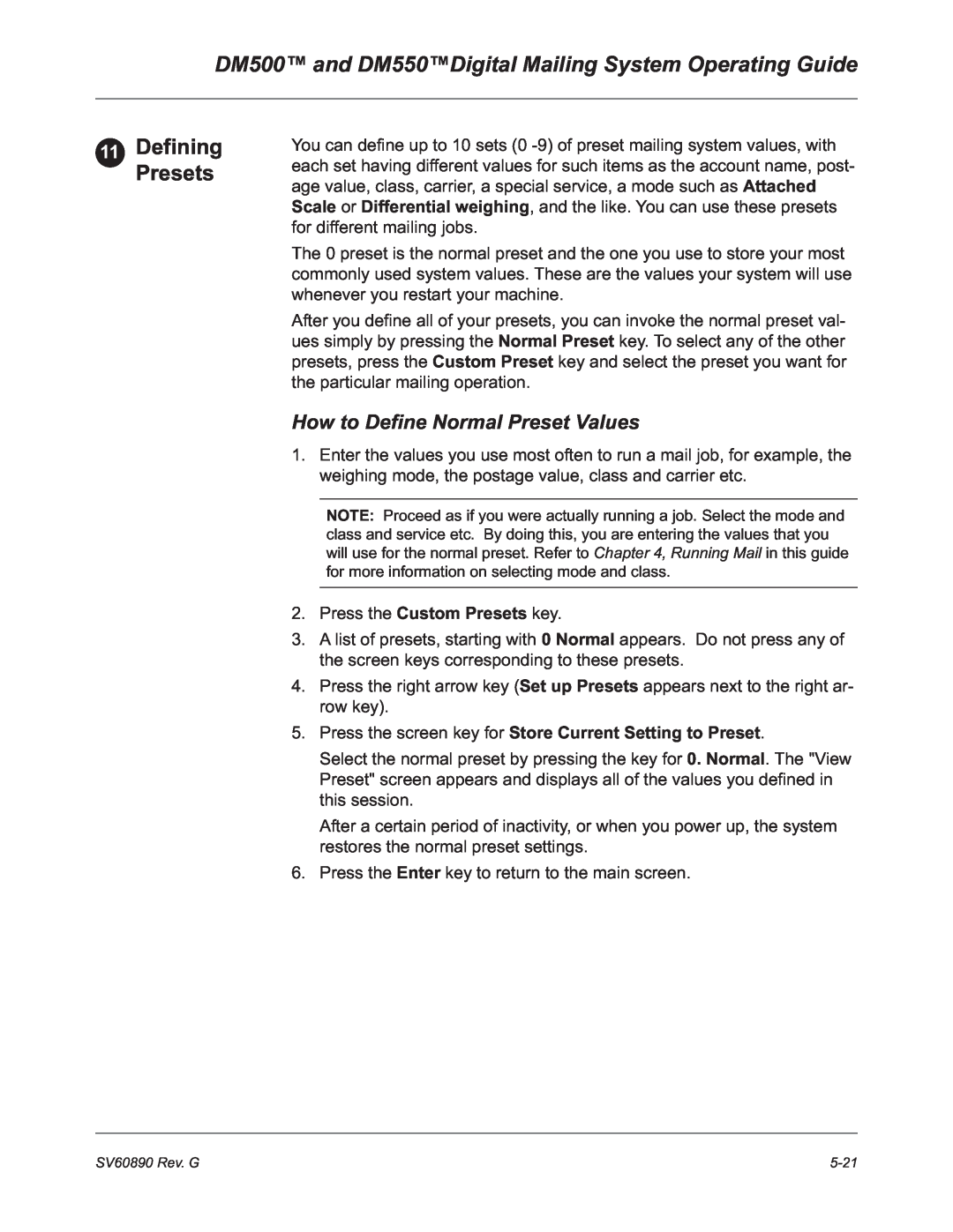 Pitney Bowes DM500, DM550 manual Defining Presets, How to Define Normal Preset Values, Press the Custom Presets key 