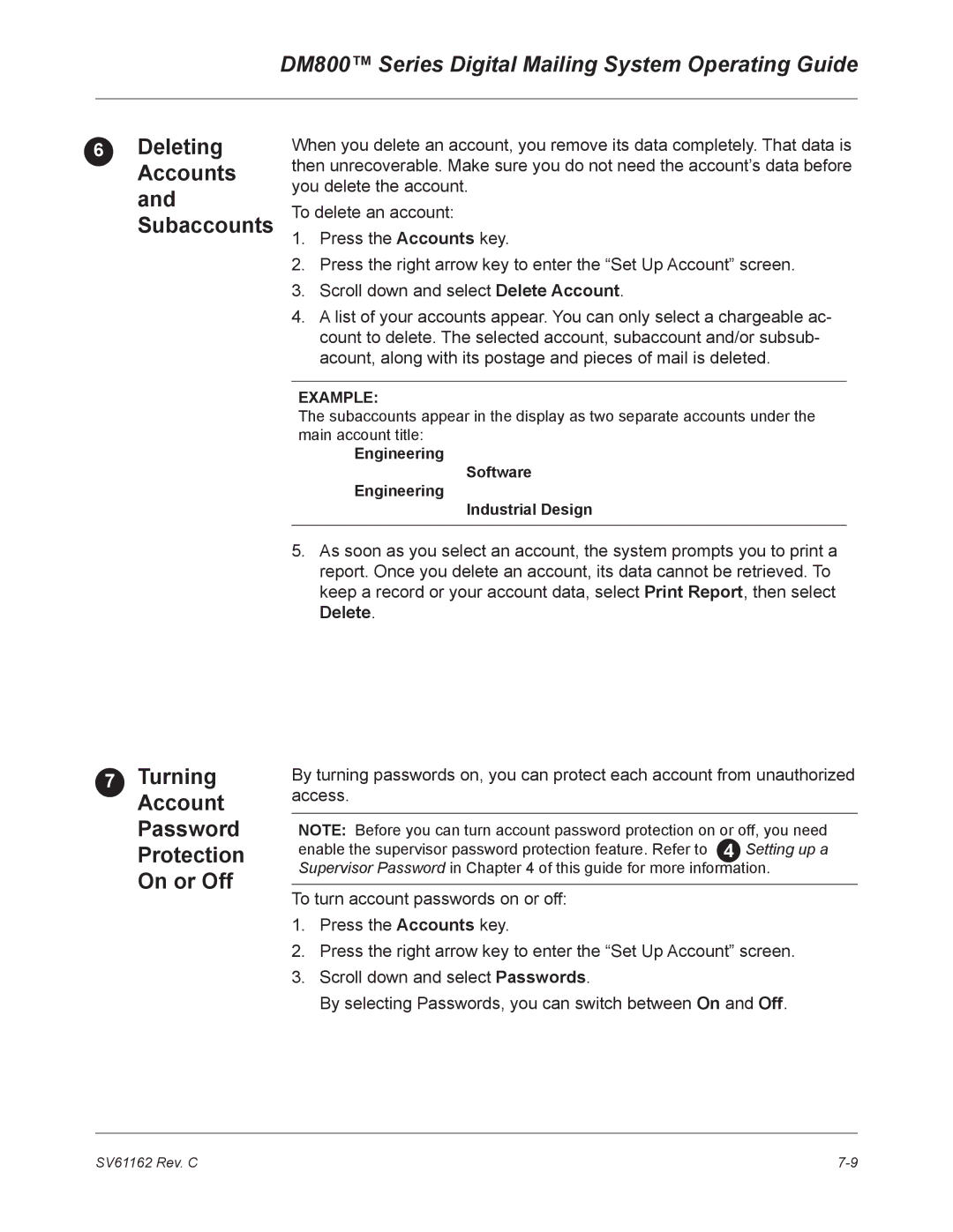 Pitney Bowes DM800 manual Turning Account Password Protection On or Off, Deleting Accounts and Subaccounts 