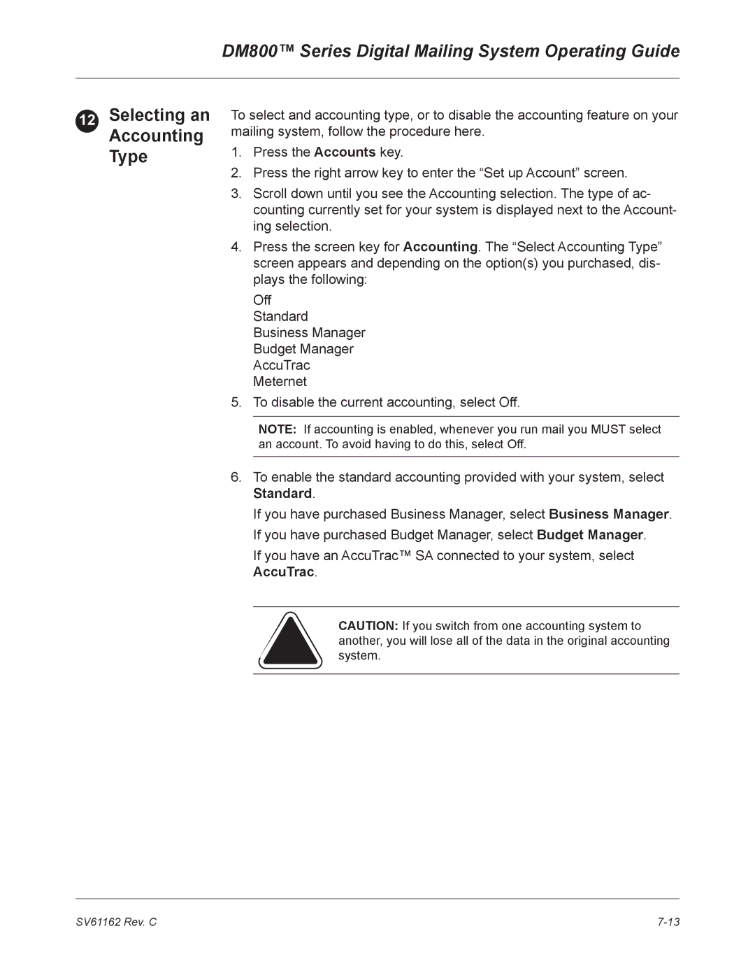 Pitney Bowes DM800 manual Selecting an Accounting Type 