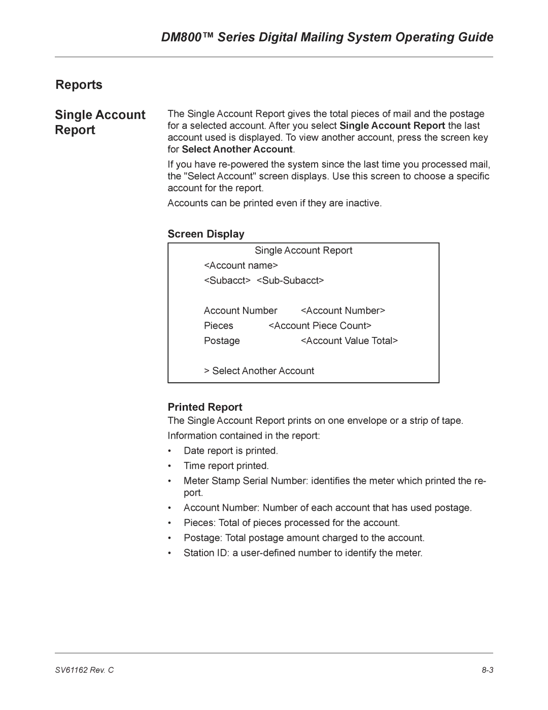 Pitney Bowes DM800 manual Reports, Single Account Report, Screen Display, Printed Report 