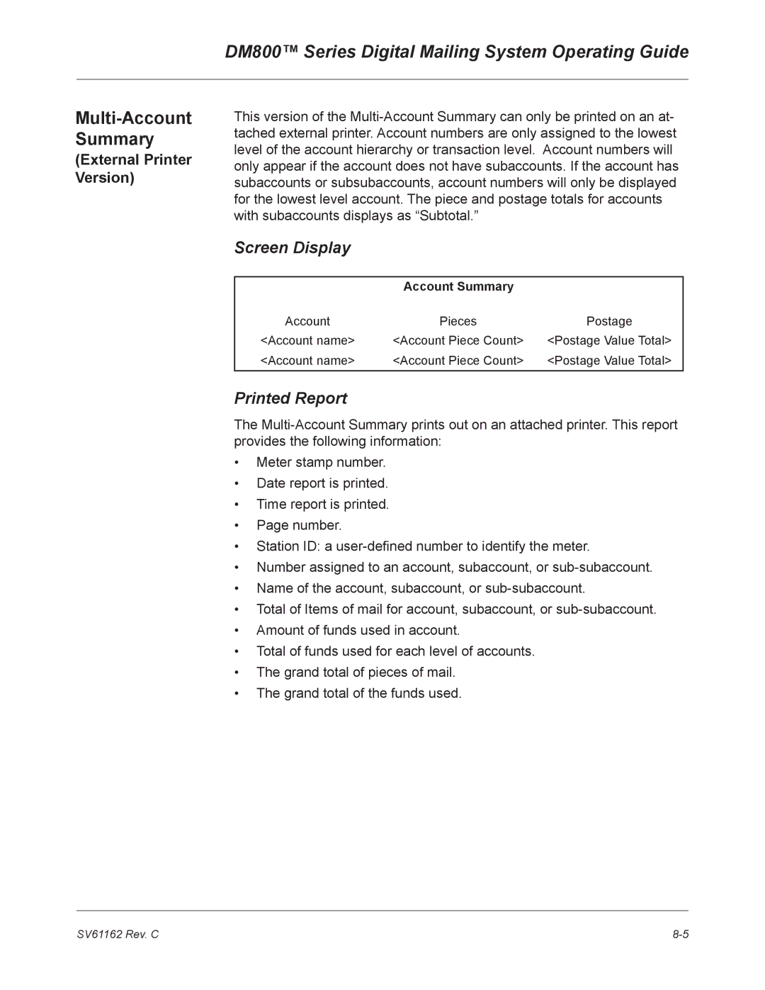 Pitney Bowes DM800 manual External Printer Version 