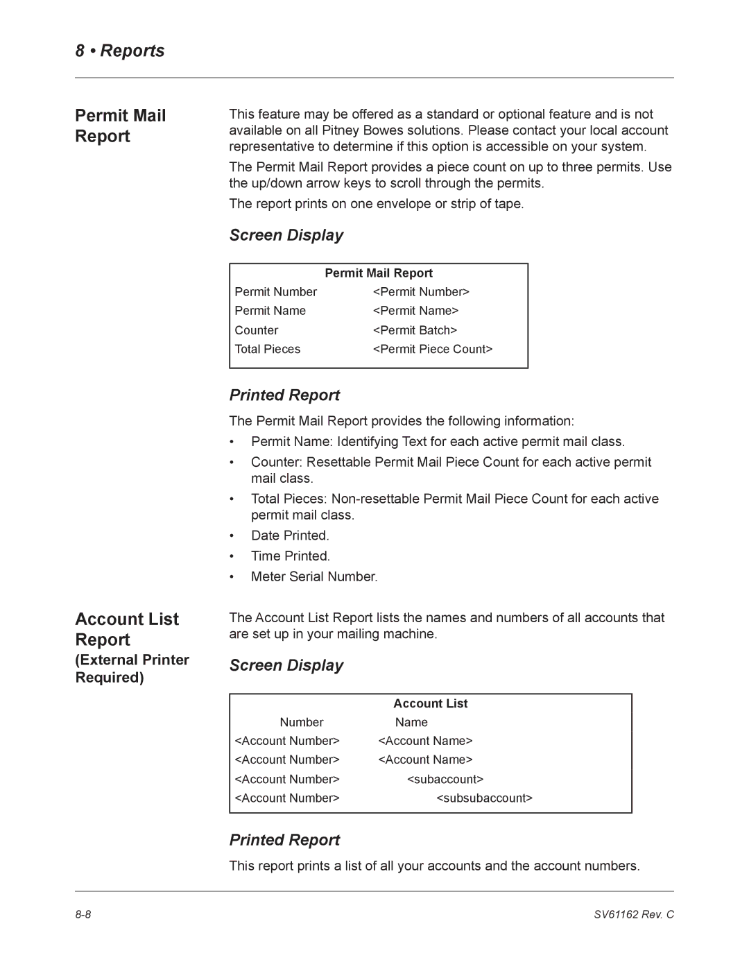 Pitney Bowes DM800 manual Permit Mail Report, Account List Report, External Printer Required 