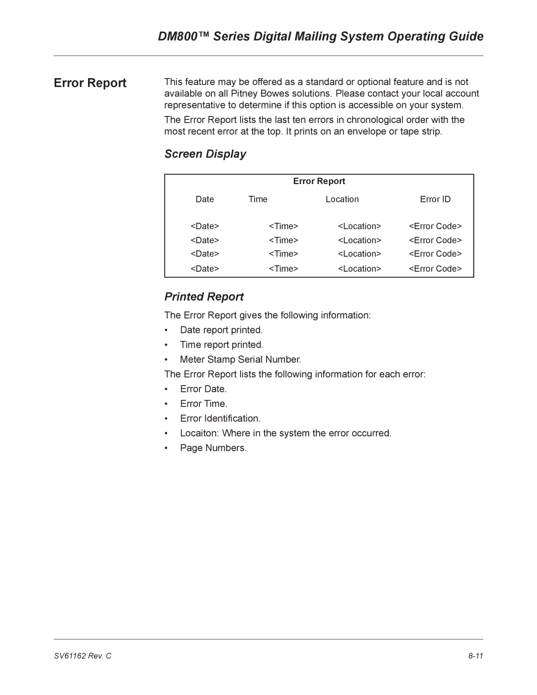 Pitney Bowes DM800 manual Error Report 