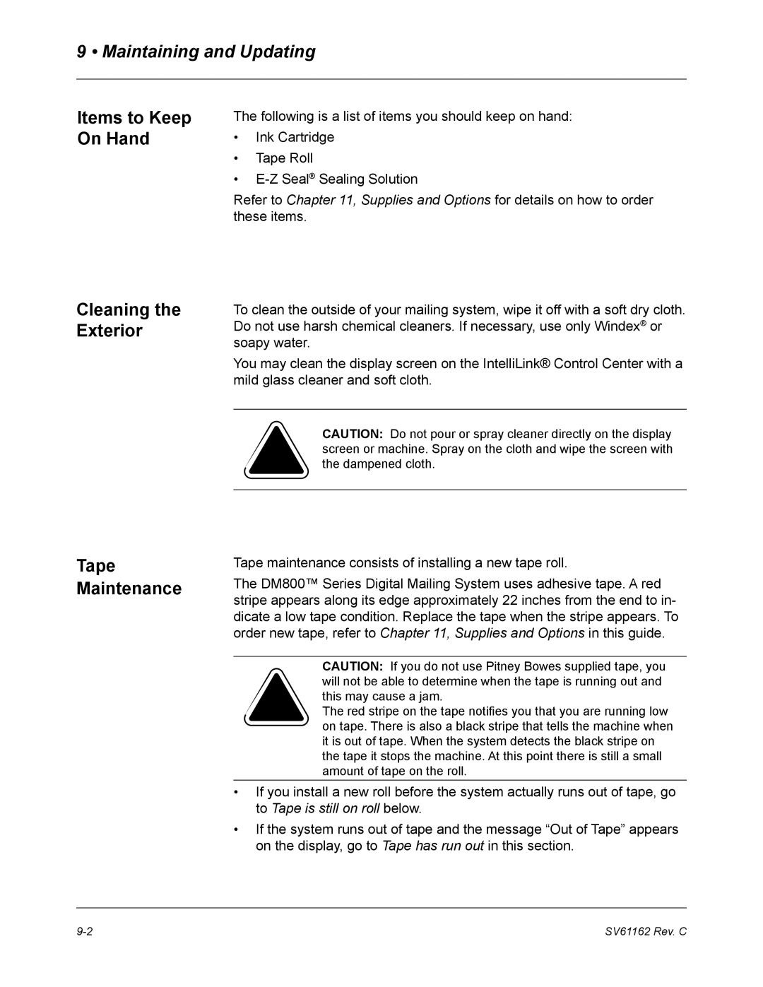 Pitney Bowes DM800 manual Maintaining and Updating, Items to Keep On Hand, Cleaning the Exterior, Tape Maintenance 