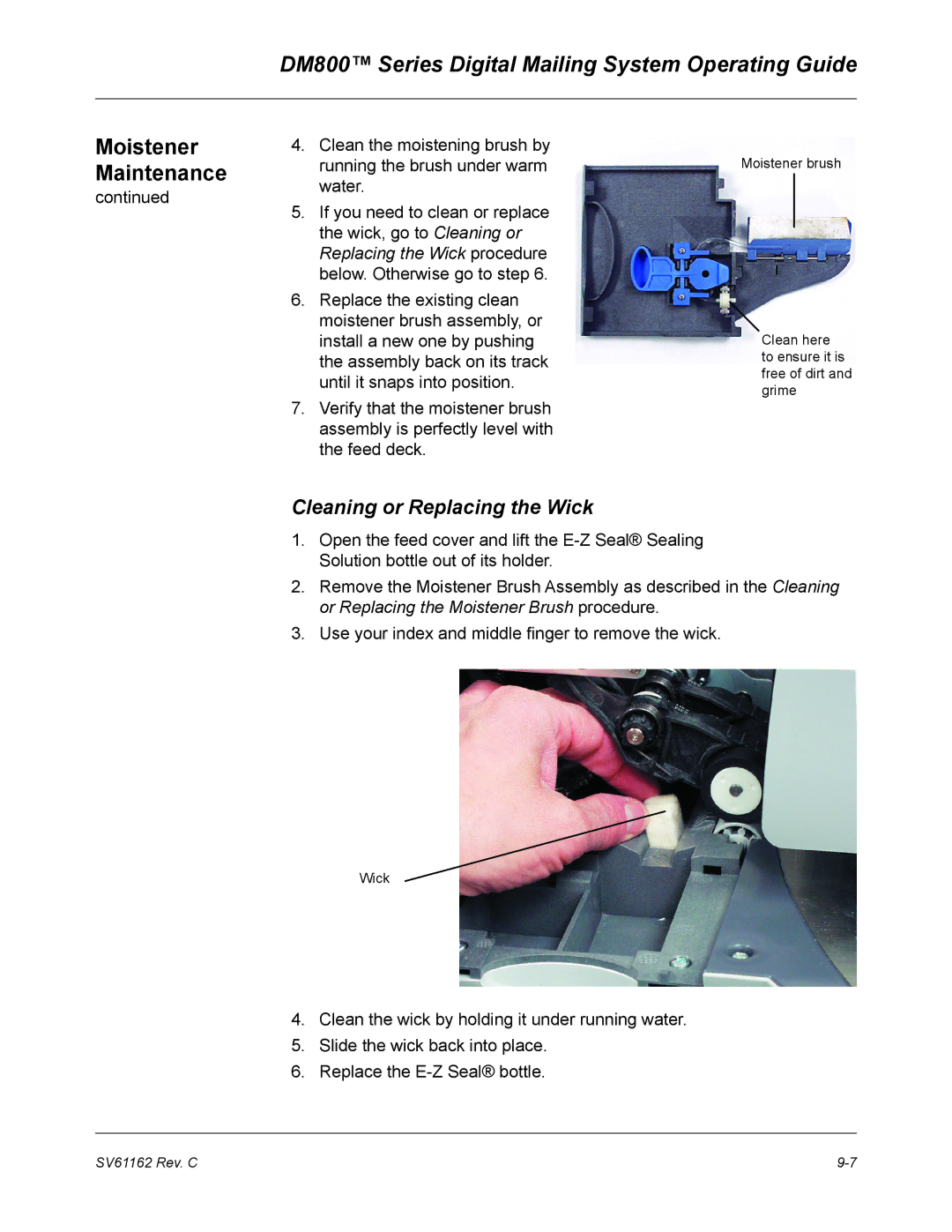 Pitney Bowes DM800 manual Cleaning or Replacing the Wick 