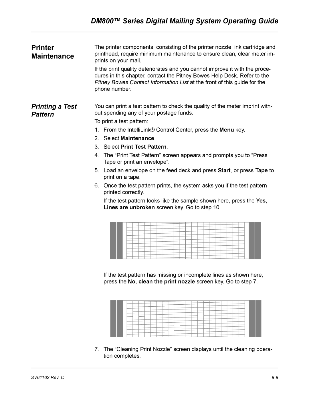 Pitney Bowes DM800 manual Printer Maintenance, Printing a Test Pattern, Select Maintenance Select Print Test Pattern 