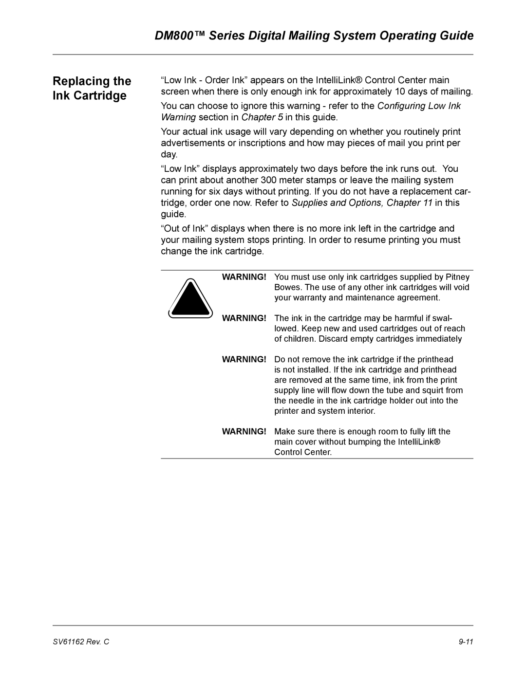 Pitney Bowes DM800 manual Replacing the Ink Cartridge 