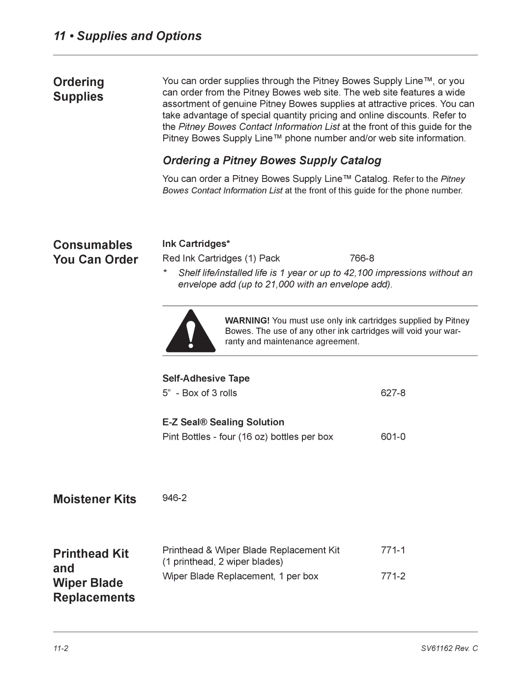 Pitney Bowes DM800 manual Supplies and Options, Ordering Supplies, Moistener Kits, Printhead Kit 