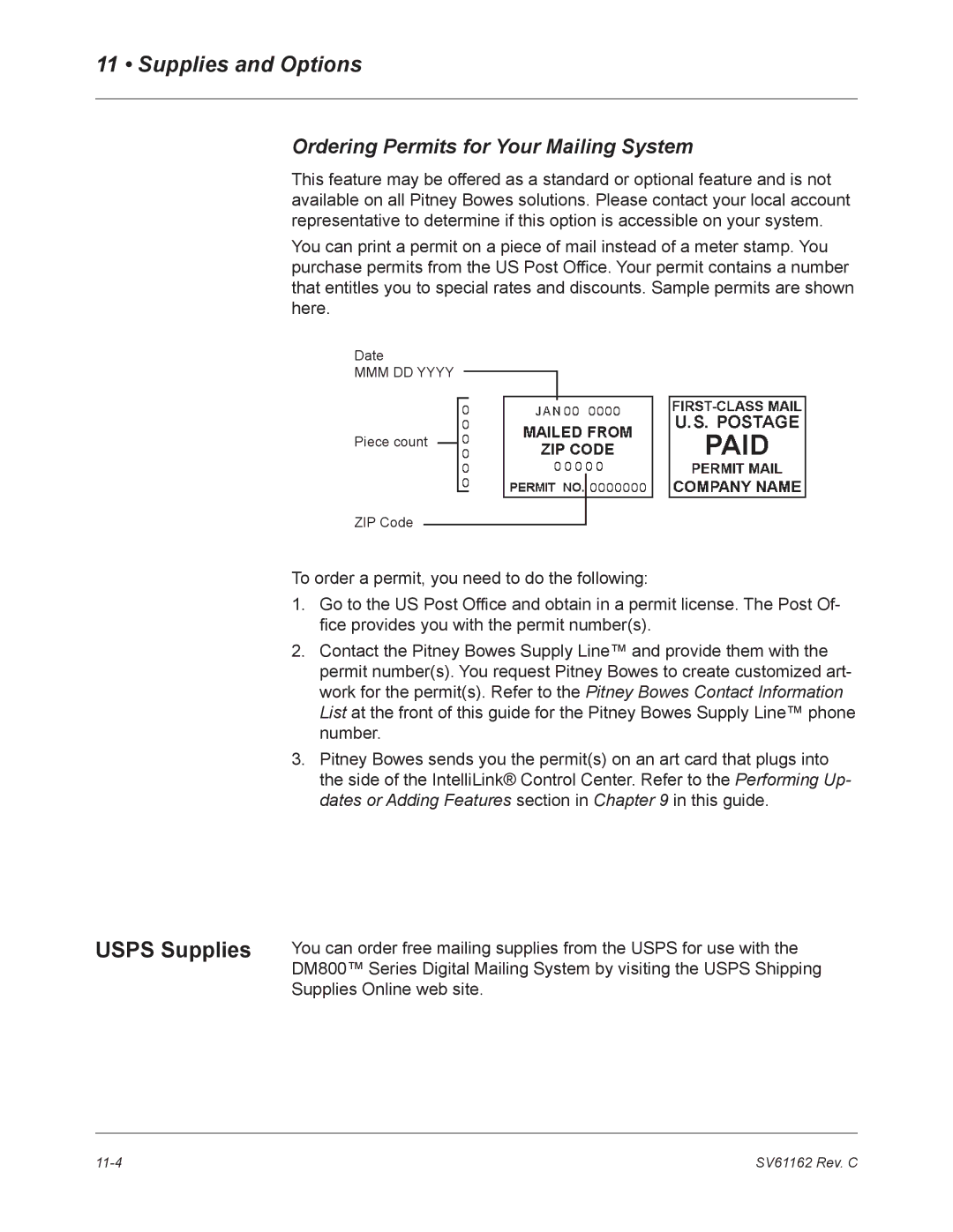 Pitney Bowes DM800 manual Usps Supplies, Ordering Permits for Your Mailing System 