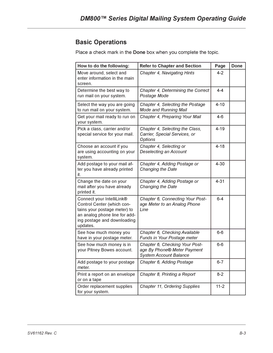 Pitney Bowes DM800 manual Basic Operations, How to do the following Refer to Chapter and Section Done 