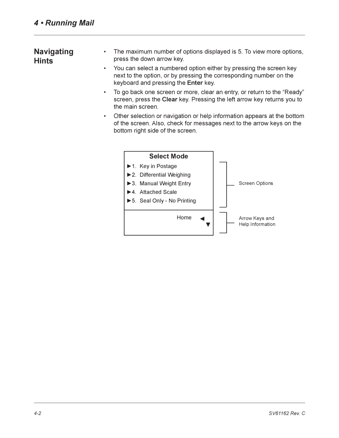 Pitney Bowes DM800 manual Running Mail, Navigating Hints, Select Mode 