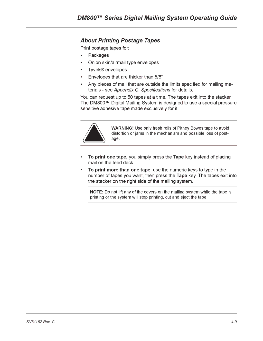 Pitney Bowes DM800 manual About Printing Postage Tapes 