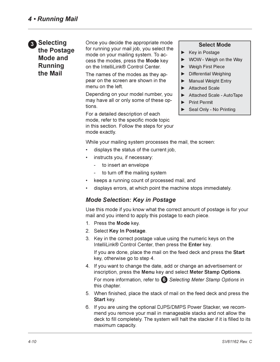 Pitney Bowes DM800 manual Selecting the Postage Mode and Running the Mail, Mode Selection Key in Postage 